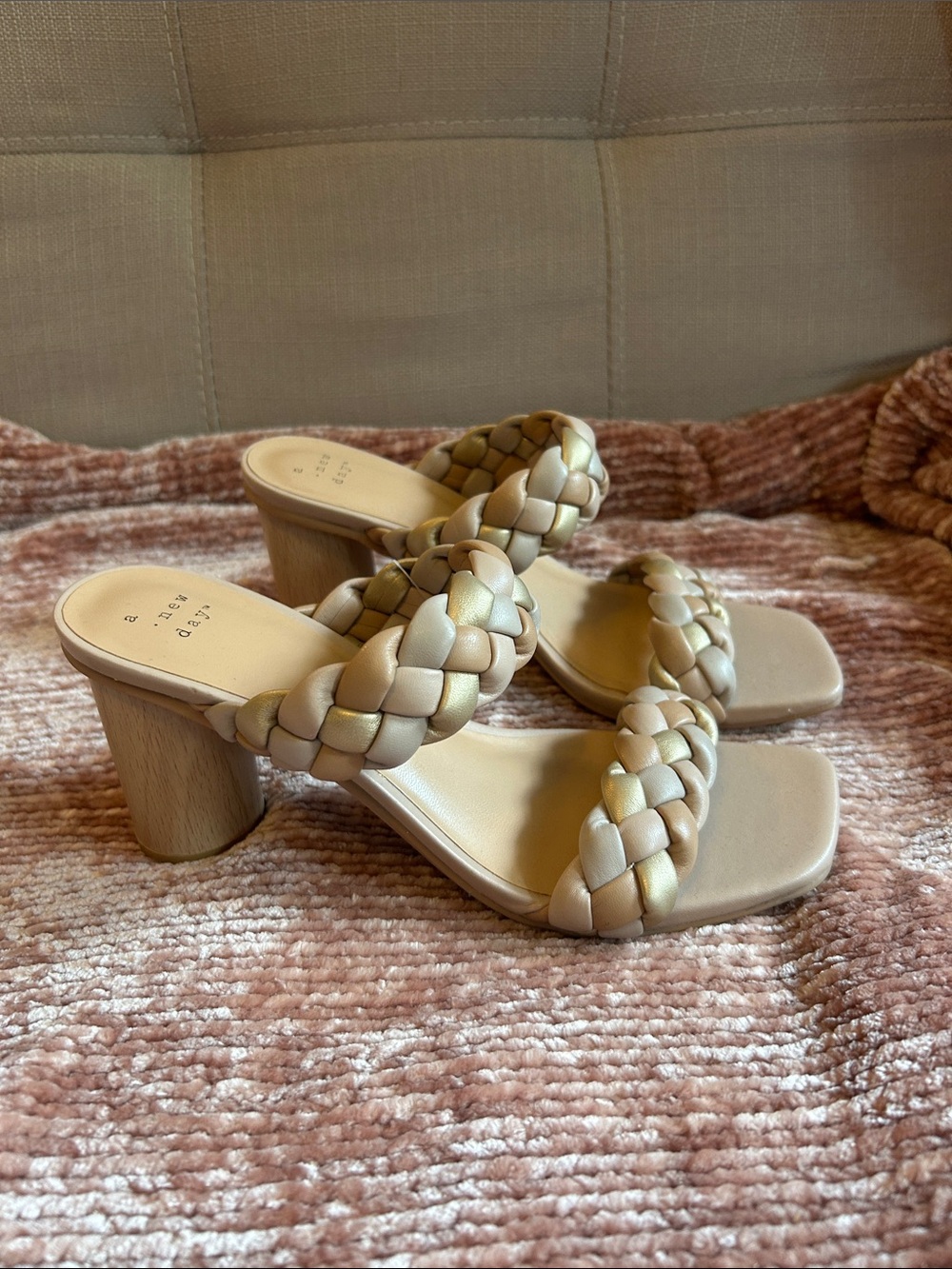 A New Day Braided Double-Strap Beige Block Heel Sandals Size 6.5